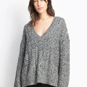 Vince Womens Large Grey Wool Cashmere V-Neck Chunky Cable Knit Sweater